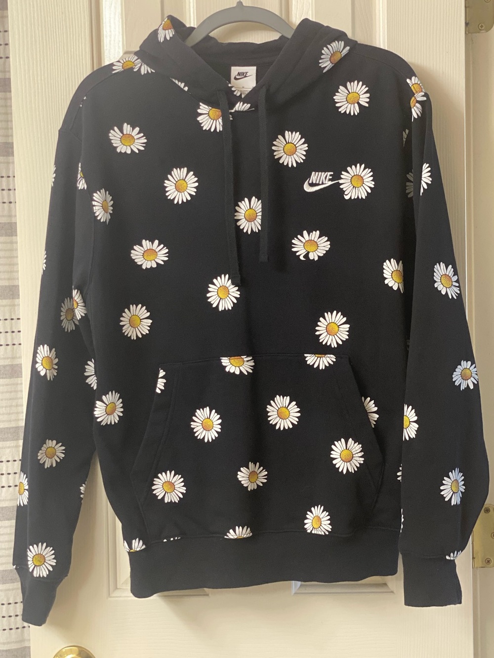 Nike French Terry Black Daisy Print Logo Pullover Hoodie Size Medium